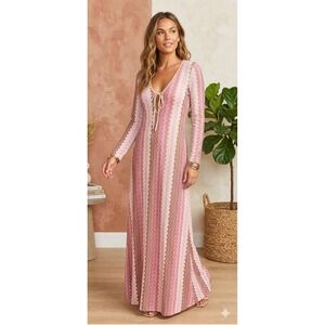 Show Me Your Mumu Maxi Dress Womens L Pink Chevron Knit Tie Front Long Sleev NEW